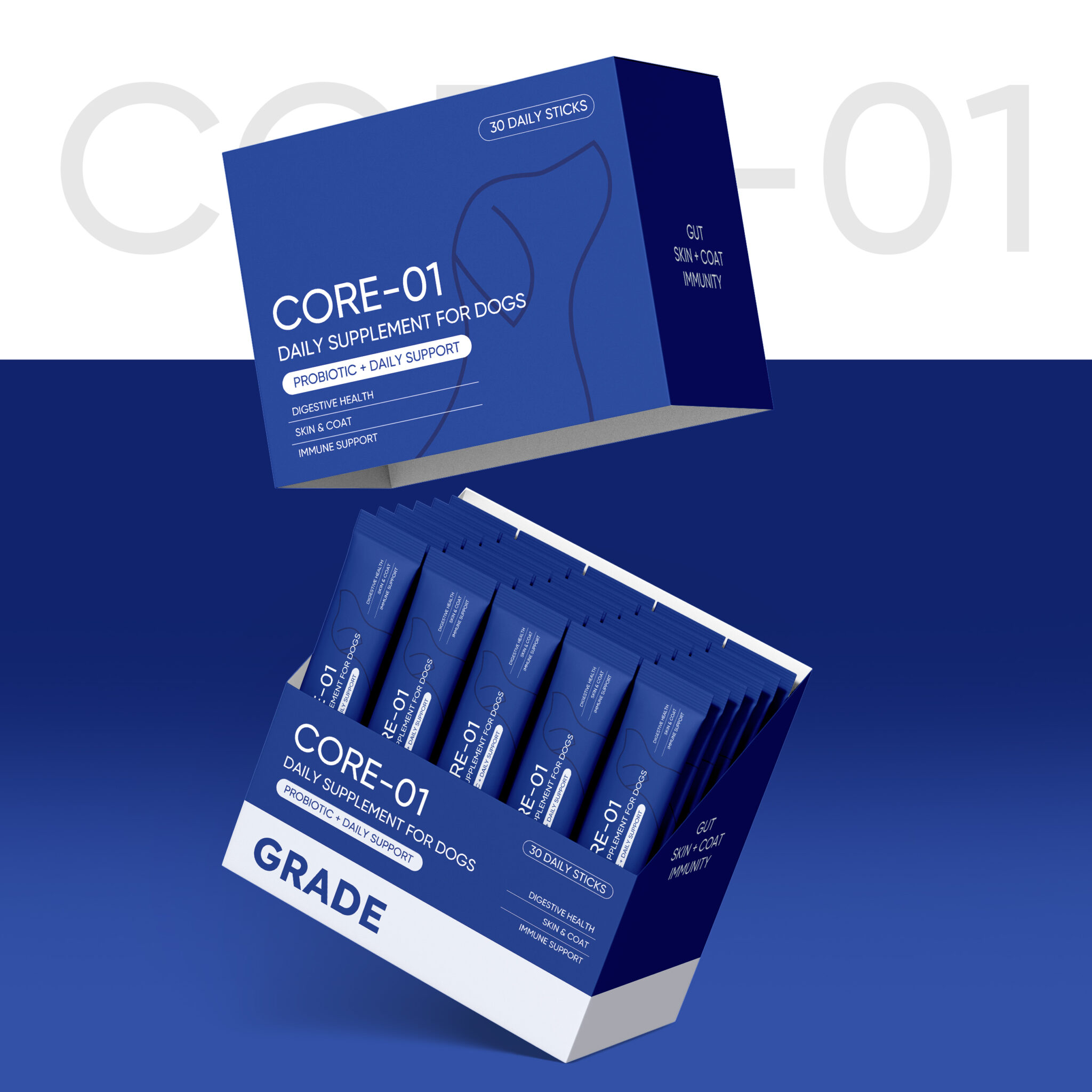 GRADE CORE-01 Dog Supplement Packaging& 3D Render Design