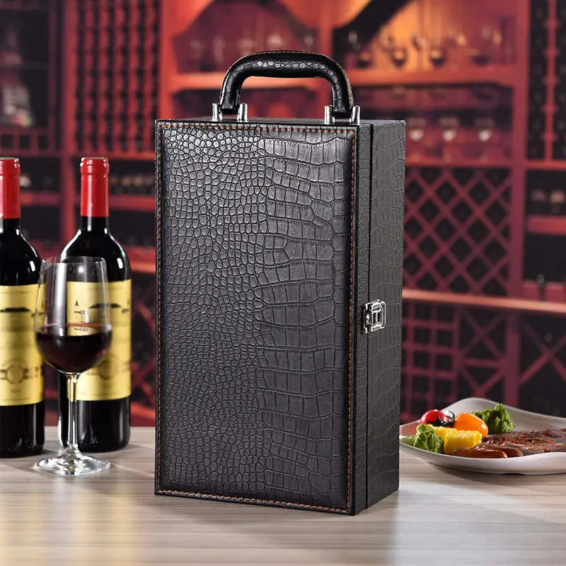 Luxury Double Leather Box Wine Bottle Case Wooden Wine Box